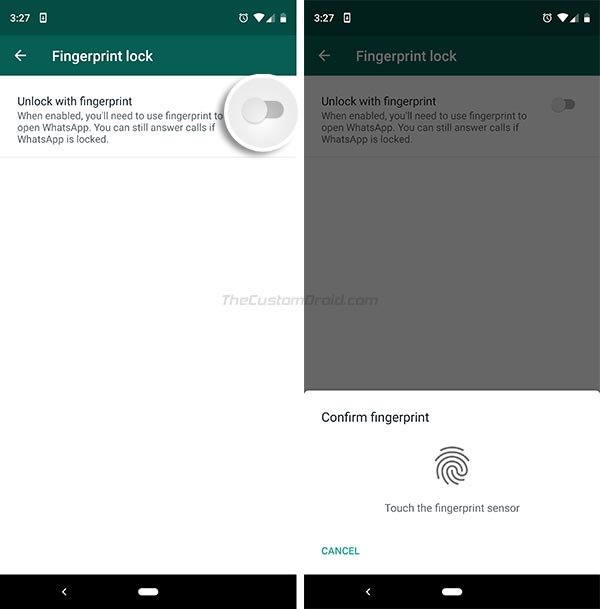 تحميل تطبيق WhatsApp v2.19.226 apk | قفل محادثات وصور واتساب بالبصمة 7 قم بتشغيل خيار مستشعر البصمة في الواتس اب