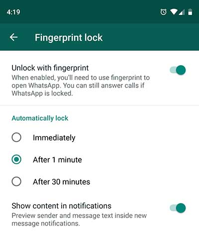 تحميل تطبيق WhatsApp v2.19.226 apk | قفل محادثات وصور واتساب بالبصمة 8 خيارات وقت قفل البصمة في الواتس اب