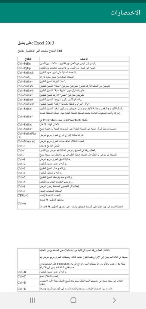 تحميل تطبيق تعلَّم Excel بالعربي: اعرف الإكسيل بسهولة على الاندرويد 9 قسم اختصارات الاكسل