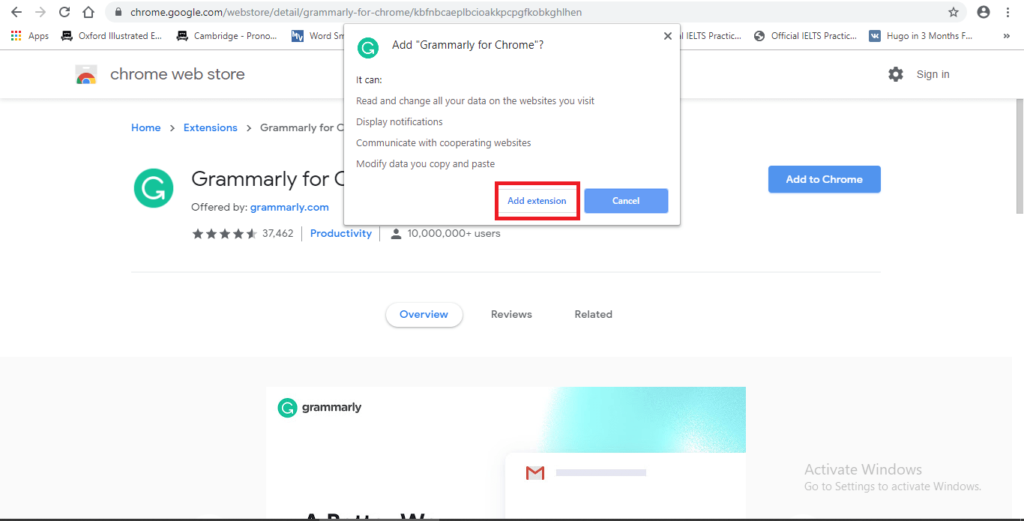 تطبيق Grammarly | أول تطبيق لتصحيح الأخطاء الإملائية باللغة الإنجليزية مجانًا 7 الضغط على Add Extension
